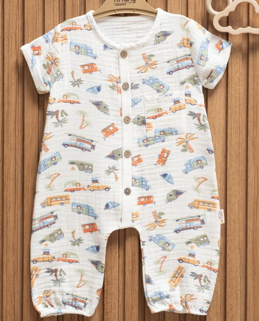 Baby Muslin Camper Print Baby Romper – 100% Cotton Summer Outfit Rock-A-Toy