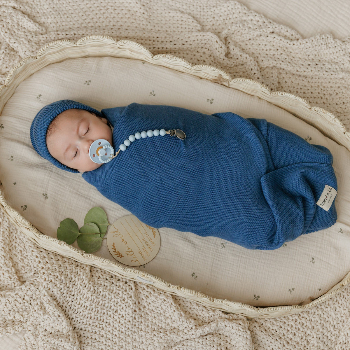 Baby Luxe Collection 100% Organic Cotton Luxury Knit Baby Blanket + Hat Set with Gift Box Bleu La La