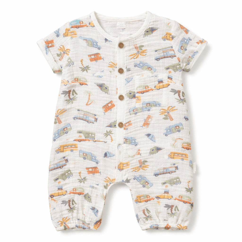 Baby Muslin Camper Print Baby Romper – 100% Cotton Summer Outfit Rock-A-Toy