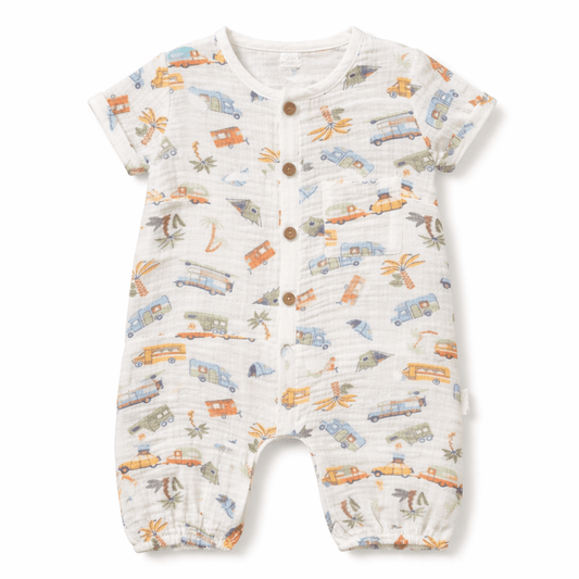 Baby Muslin Camper Print Baby Romper – 100% Cotton Summer Outfit Rock-A-Toy