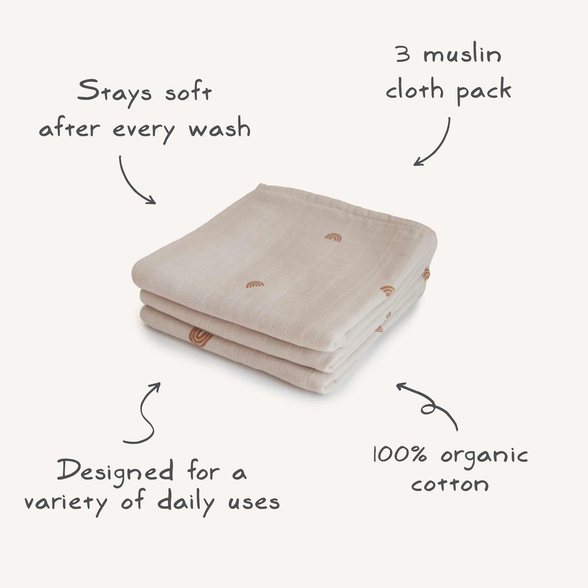 Baby Organic Cotton Muslin Cloths 3-Pack Mushie