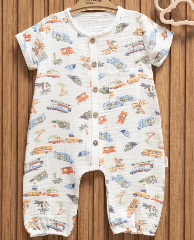 Baby Muslin Camper Print Baby Romper – 100% Cotton Summer Outfit Rock-A-Toy
